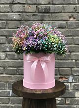 Цветочная композиция из Гипсофила и Розы в шляпной коробке в Спасске Кемеровской области