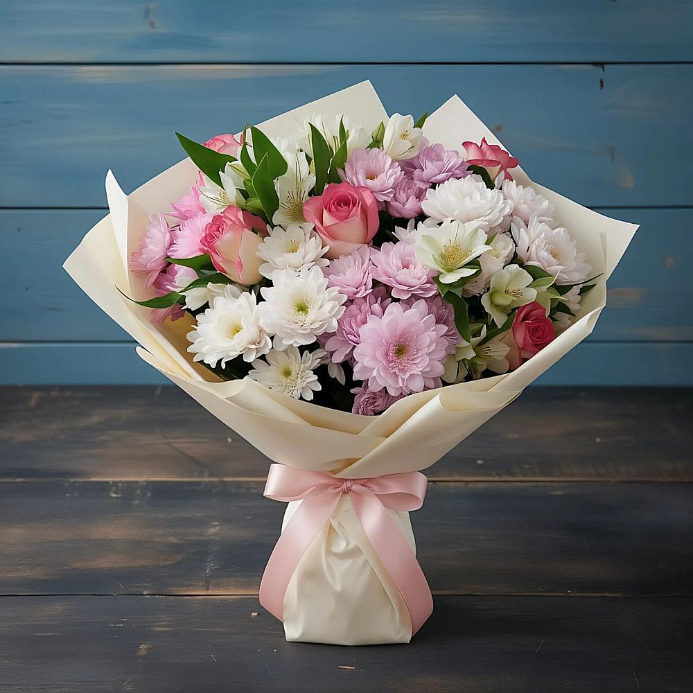 Букет цветов из: Хризантемы, Альстромерии и Розы в Спасске Кемеровской области